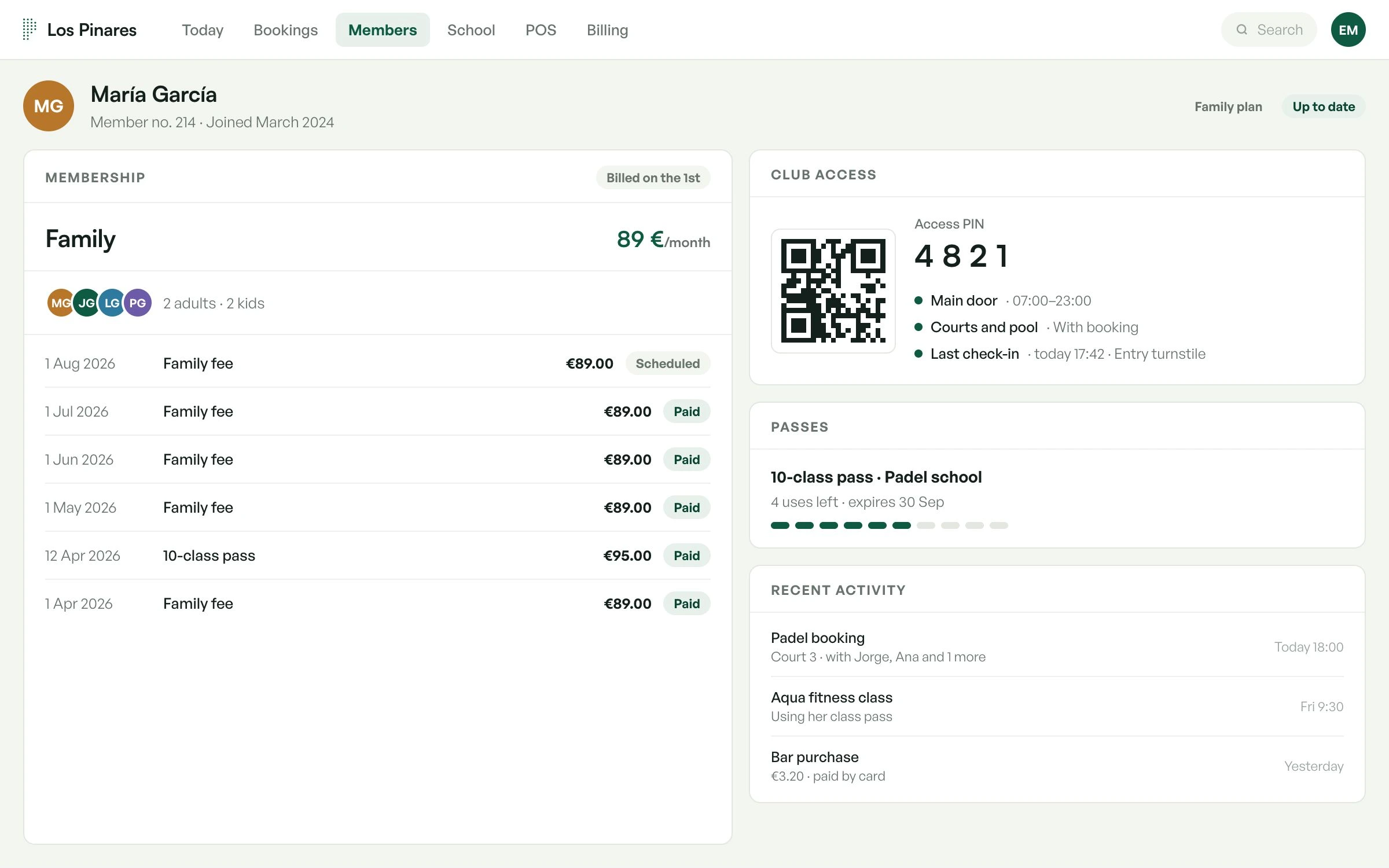 A member's profile in Palestra: her family membership and receipts, club access with QR and PIN, passes and recent activity